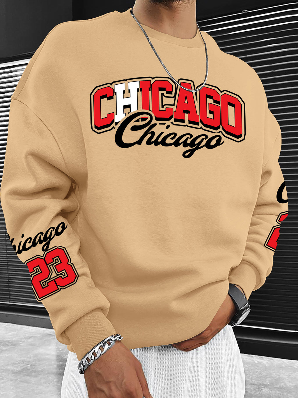 Men's Chicago 23 Graphic Print Sweatshirt - Oversized Casual Pullover with 3D Lettering, Soft Polyester, Round Neck for Travel, Outdoor & Casual Attire