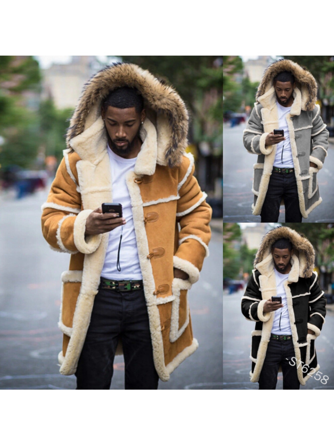 Men's Slim-Fit Hooded Winter Jacket with Lapel Collar, Full-Zip Front & Closure, Machine Washable Brown Casual Outerwear, Insulated for Cold Weather