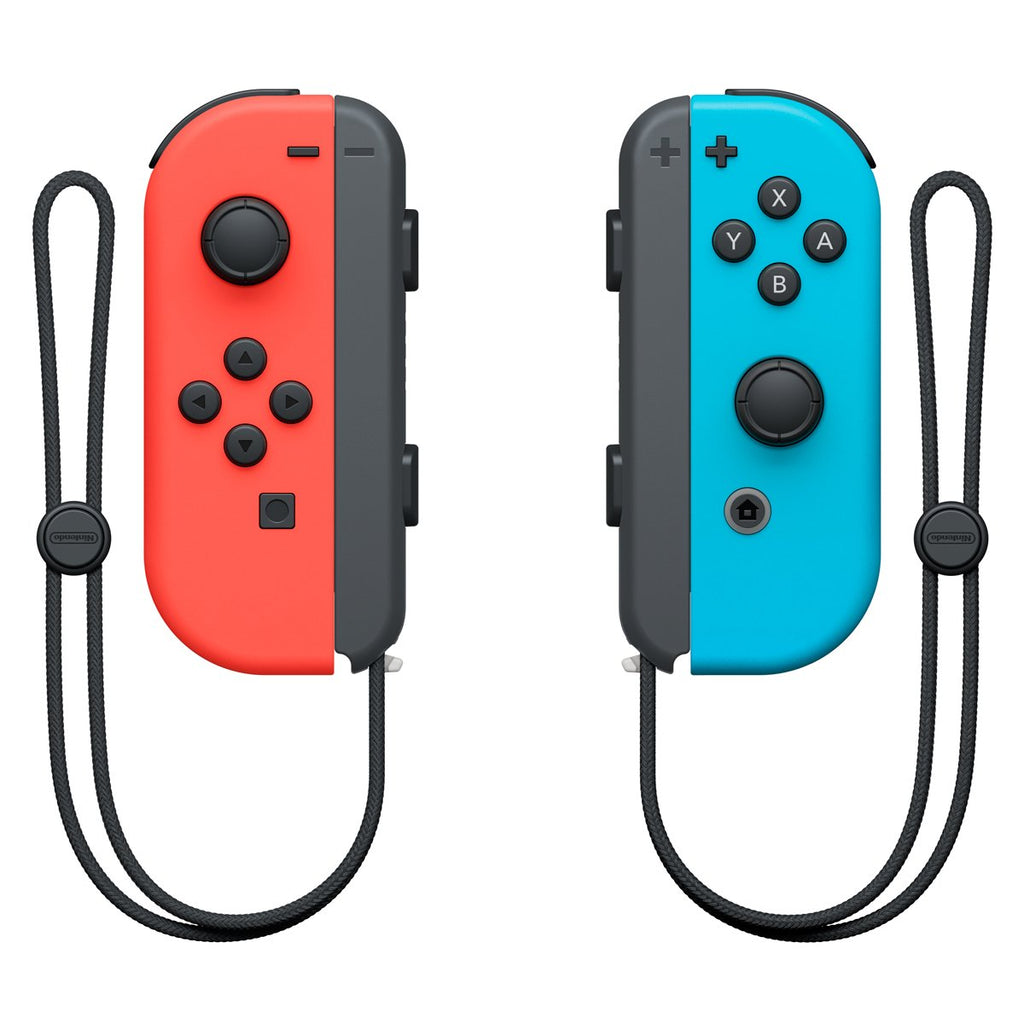 The Nintendo Joy-Con (L) neon red and (R) neon blue controllers with black wrist straps are shown vertically against a white background—ideal for Japanese video game fans.