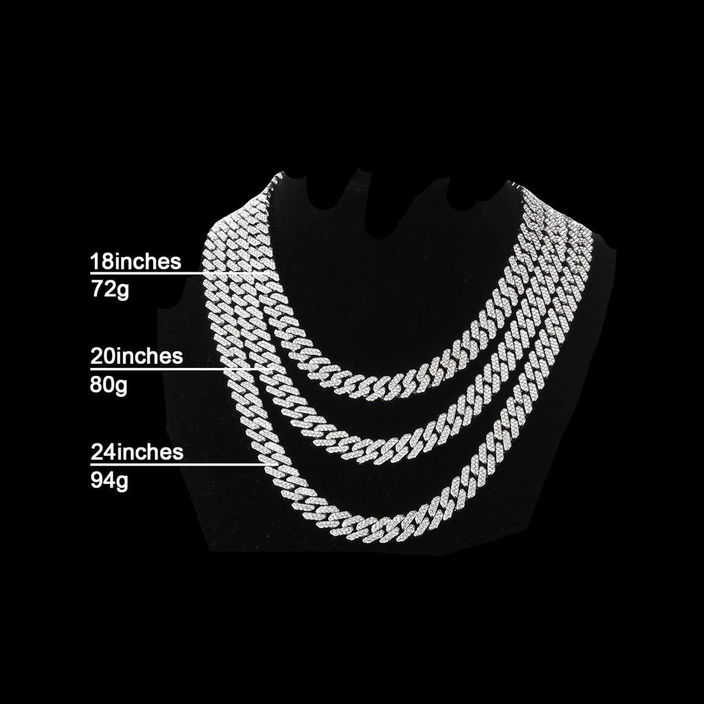 HDMENC Mens and Womens Miami Cuban Link Chain Necklace 12mm Diamond Prong Cuban Chain 18/20/24inch Length Hip Hop Jewely