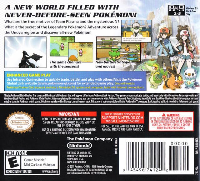 The back cover of Pokemon White Version - Nintendo DS (Renewed) showcases characters, Pokémon, in-game screenshots, and text about new Pokémon, Team Plasma, improved gameplay, and multiplayer. ESRB rating and “cartridge only” labels are included.