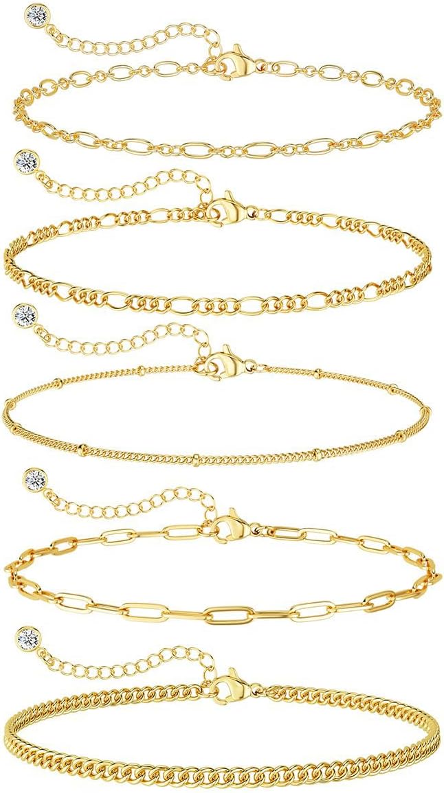 DEARMAY Gold Bracelets for Women Waterproof, 14K Gold Plated Jewelry Sets Trendy Thin Dainty Stackable Cuban Link Paperclip Chain Bracelet Pack Fashion Accessories Gifts for Womens