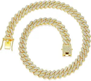 HDMENC Mens and Womens Miami Cuban Link Chain Necklace 12mm Diamond Prong Cuban Chain 18/20/24inch Length Hip Hop Jewely