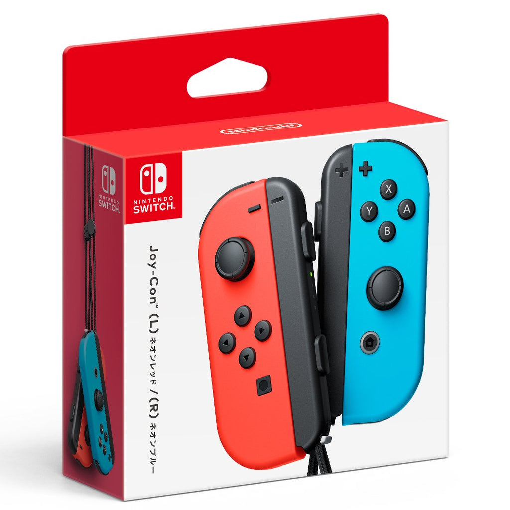 A Japanese retail box for Nintendo Joy-Con (L) neon red / (R) neon blue controllers, showing both colors on the front with Nintendo branding and Switch video game labeling on the packaging.
