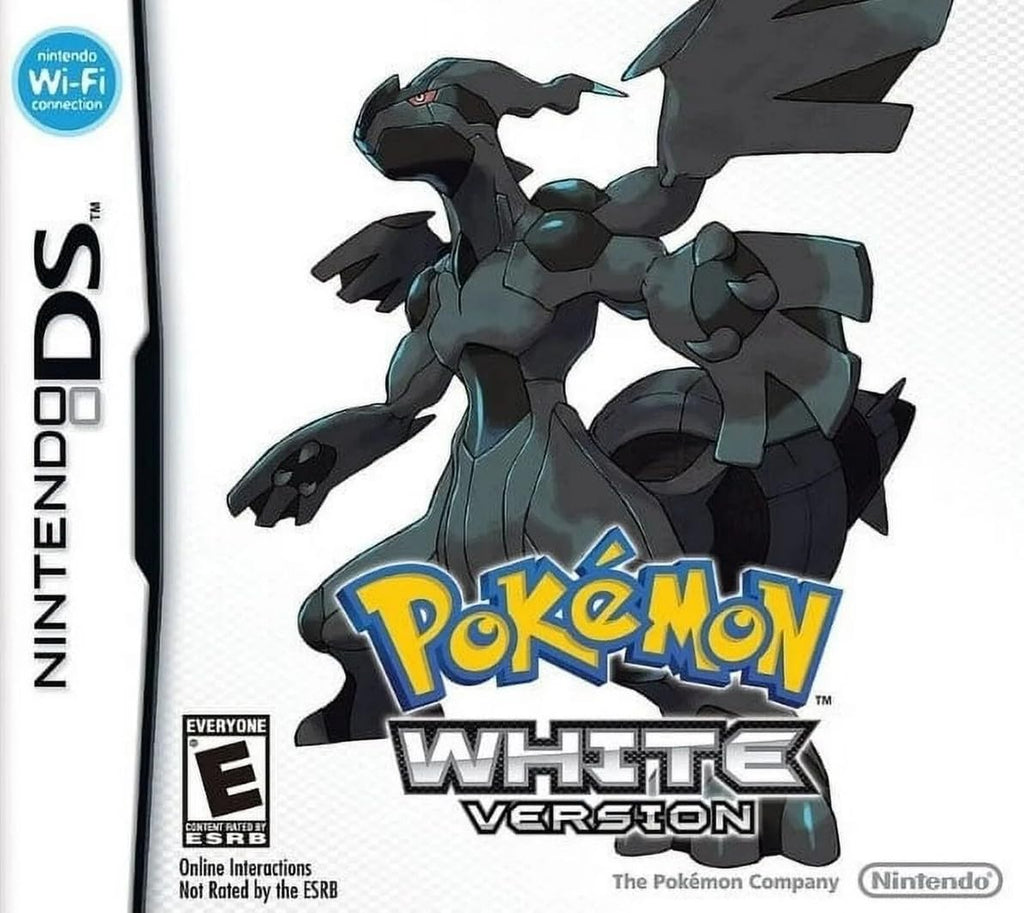 Cover art of Pokemon White Version - Nintendo DS (Renewed), featuring the legendary Pokémon Zekrom, a black dragon with blue accents on a white background. Includes renewed game cartridge only.