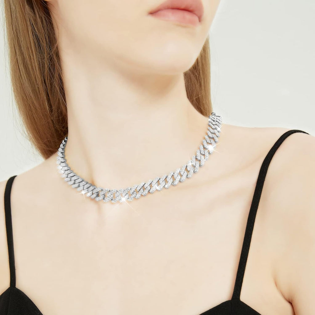 HDMENC Mens and Womens Miami Cuban Link Chain Necklace 12mm Diamond Prong Cuban Chain 18/20/24inch Length Hip Hop Jewely