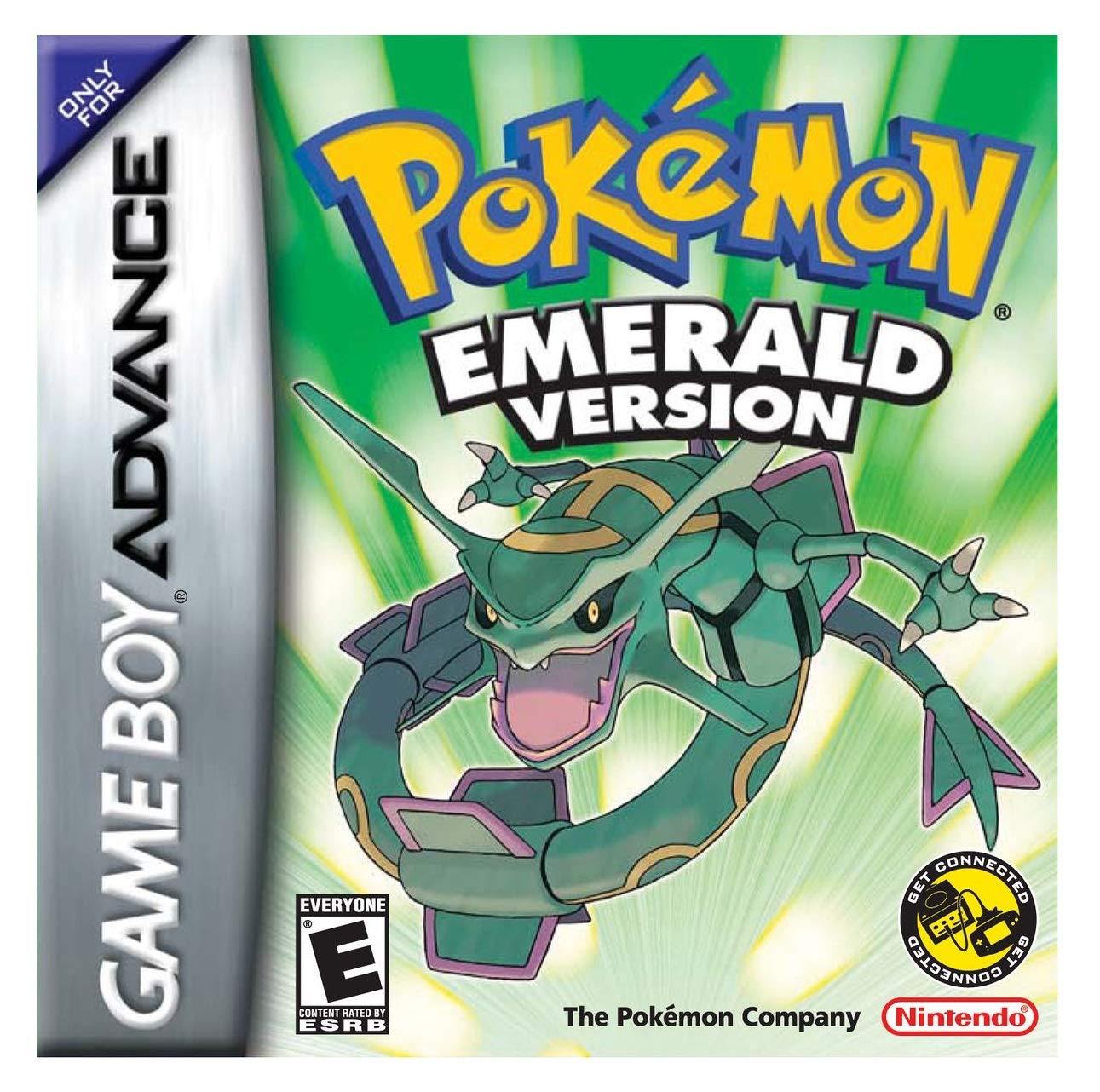 Cover art for Pokemon Emerald Version (Renewed) for Game Boy Advance, showing legendary Rayquaza on a green background with the Pokémon Emerald logo, Nintendo and ESRB labels. Set in the Hoenn region.