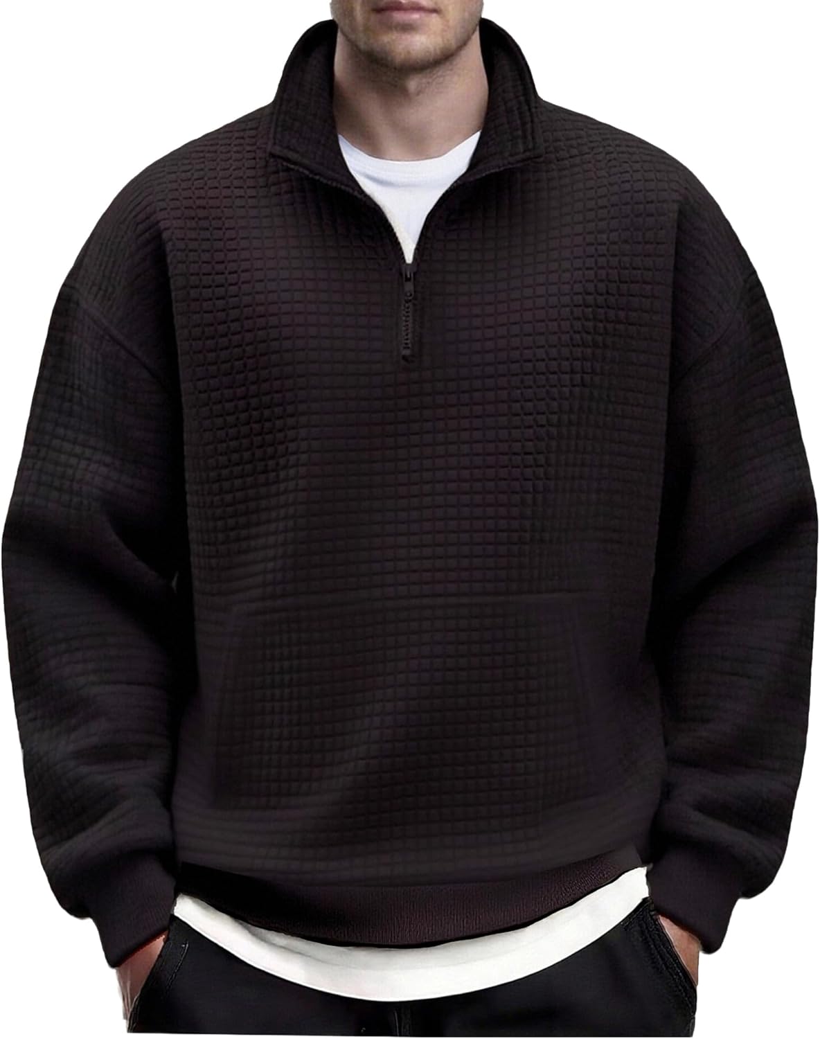 COOFANDY Mens Quarter Zip Pullover Long Sleeve Waffle Quilted Sweatshirt Casual Polo Sweaters with Pocket