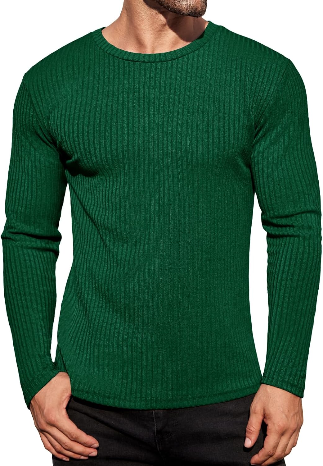 Ekouaer Men's Long Sleeve Shirts Ribbed Pullover Tees Sim Fit Thermal Tops Crew Neck Stretchy Undershirts S-3XL