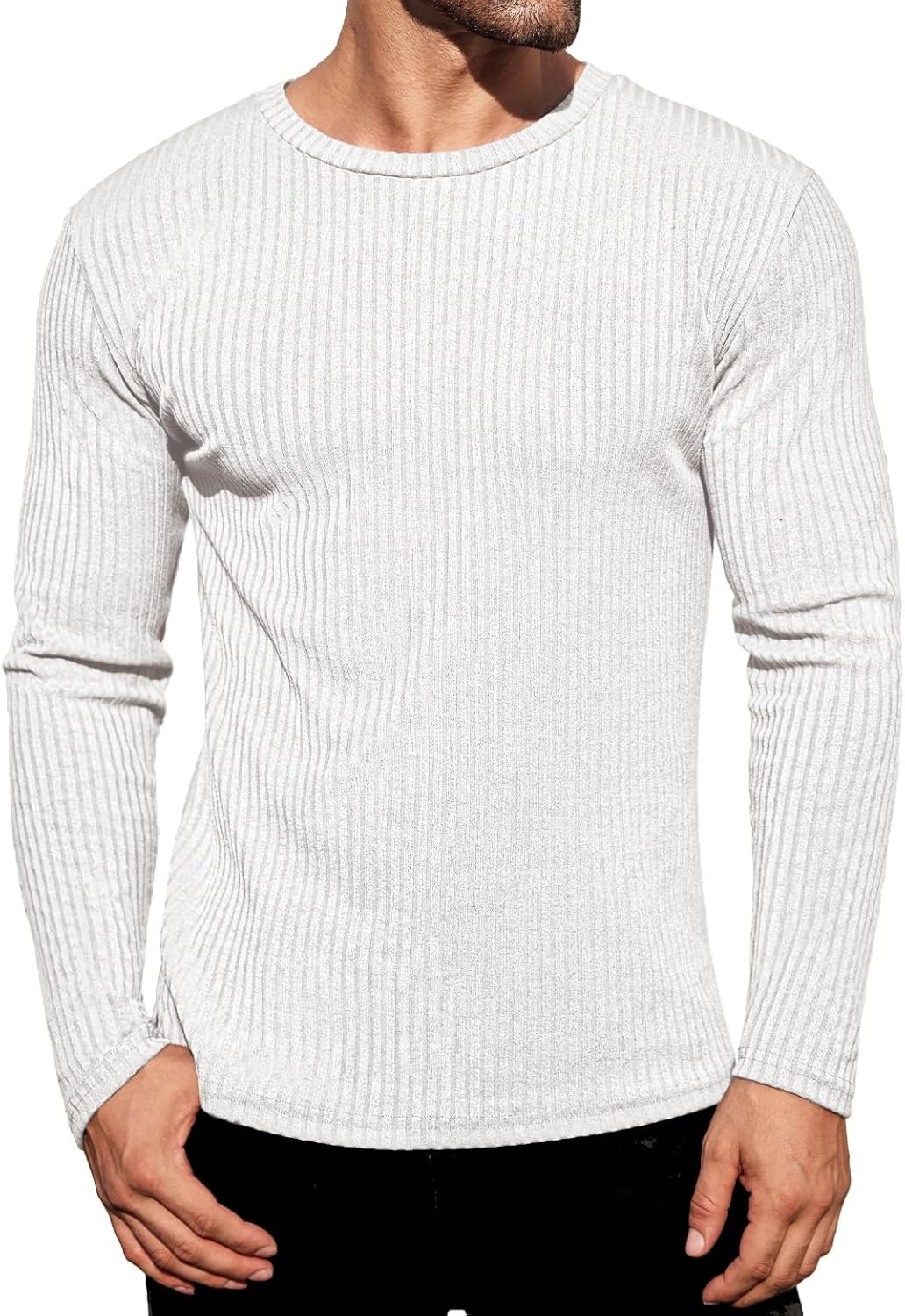 Ekouaer Men's Long Sleeve Shirts Ribbed Pullover Tees Sim Fit Thermal Tops Crew Neck Stretchy Undershirts S-3XL