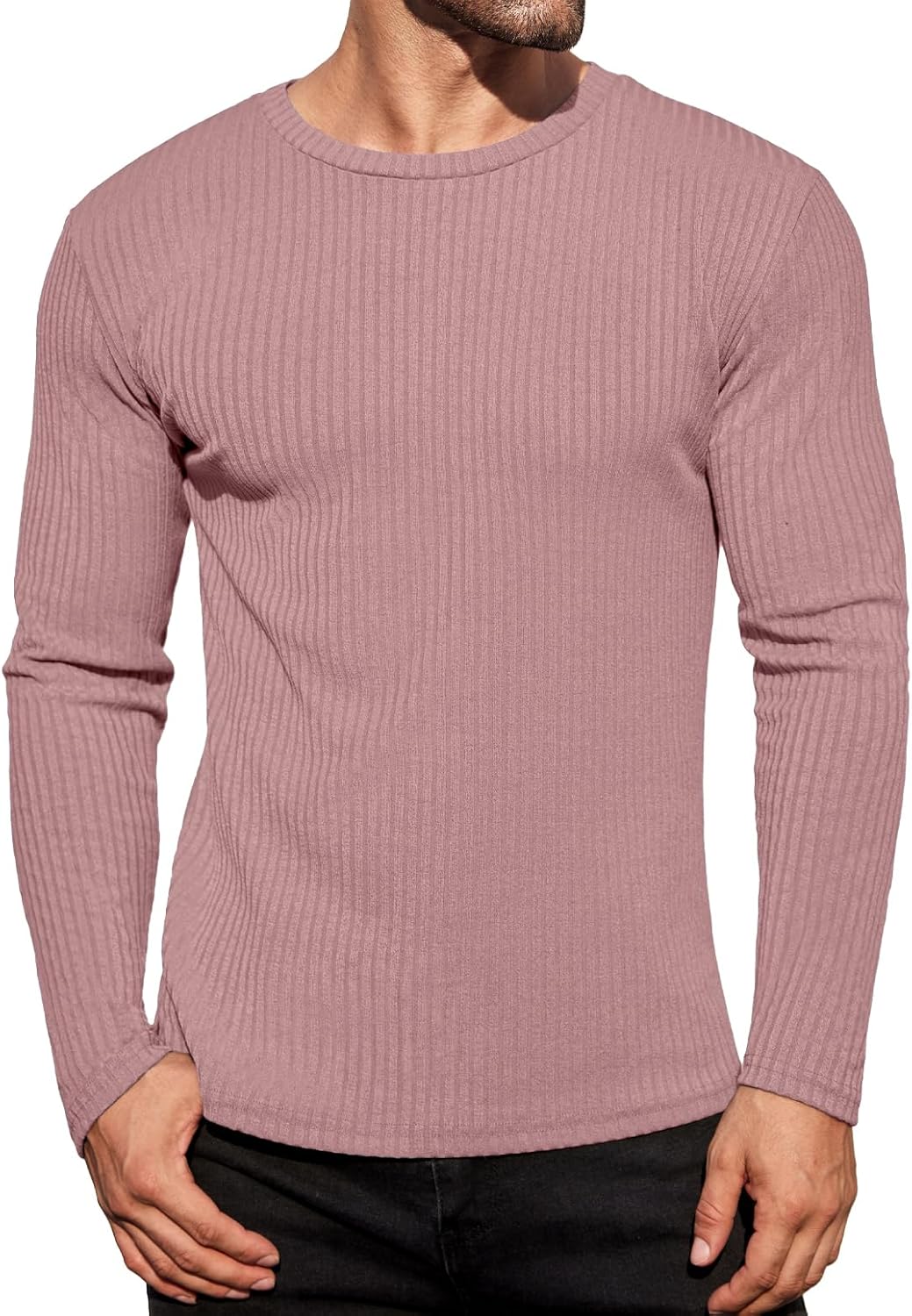 Ekouaer Men's Long Sleeve Shirts Ribbed Pullover Tees Sim Fit Thermal Tops Crew Neck Stretchy Undershirts S-3XL