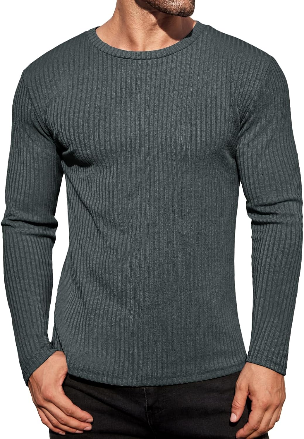Ekouaer Men's Long Sleeve Shirts Ribbed Pullover Tees Sim Fit Thermal Tops Crew Neck Stretchy Undershirts S-3XL