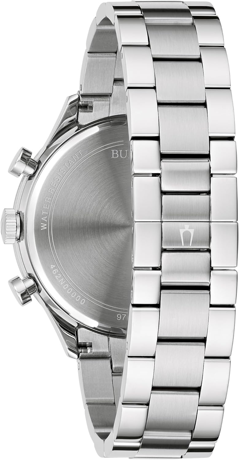 Bulova Men's Classic 6-Hand Chronograph Quartz Silver Stainless Steel Watch, 24 Hour Time, Luminous Hands, 43mm, Style:96A321