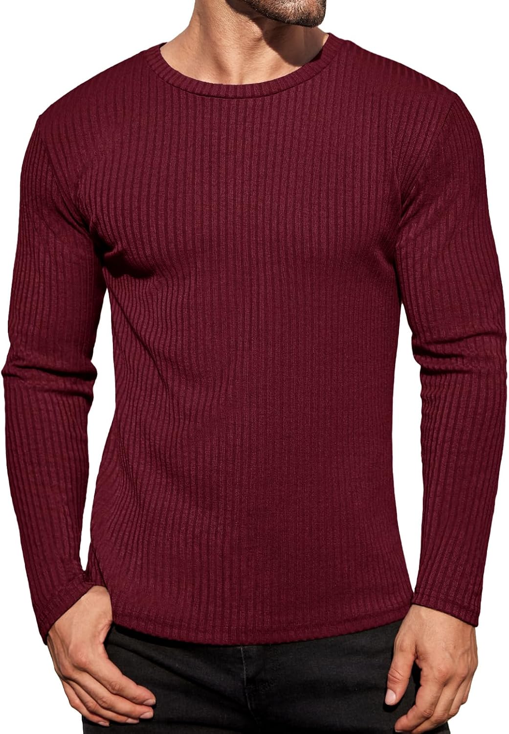 Ekouaer Men's Long Sleeve Shirts Ribbed Pullover Tees Sim Fit Thermal Tops Crew Neck Stretchy Undershirts S-3XL