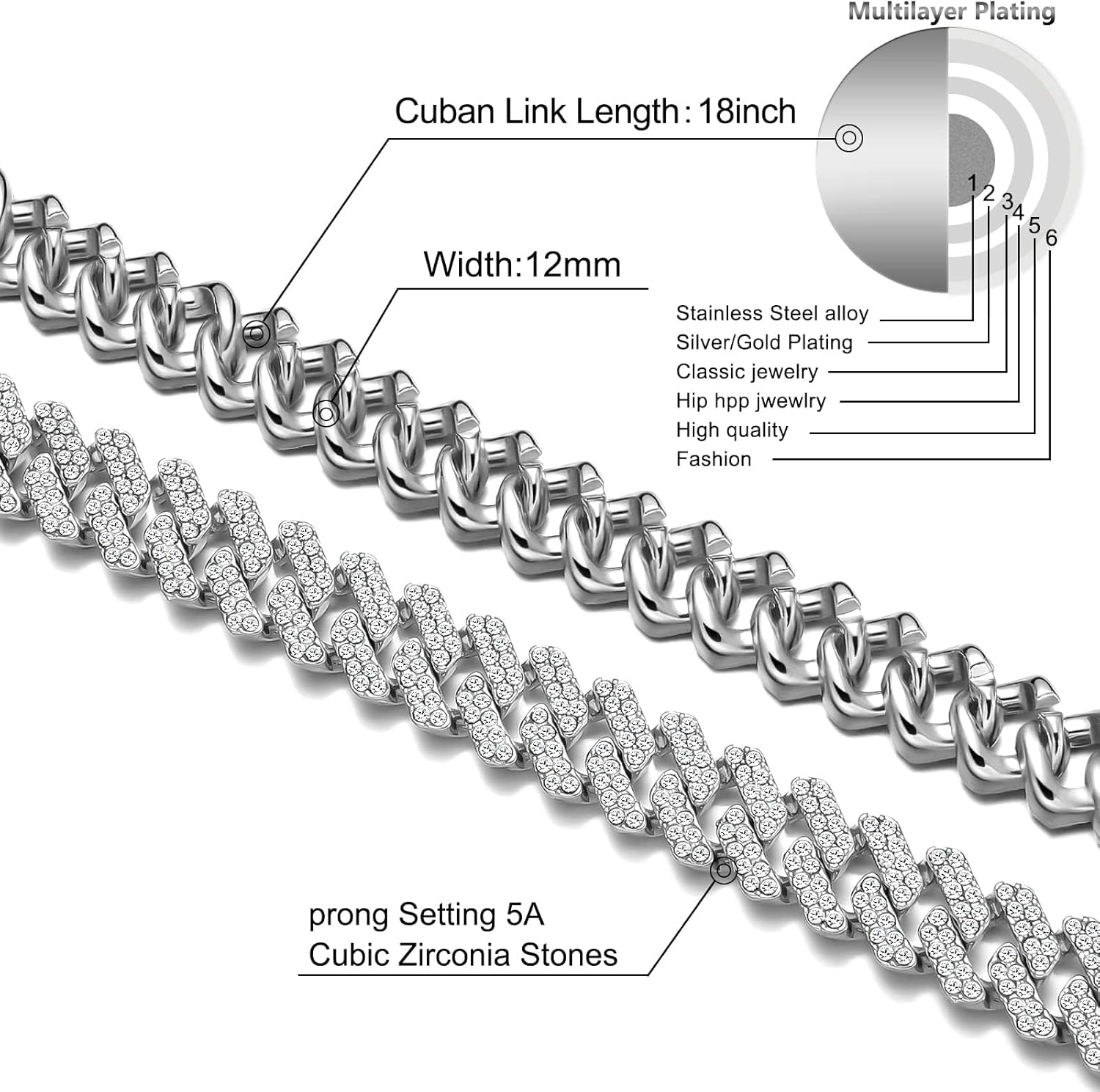HDMENC Mens and Womens Miami Cuban Link Chain Necklace 12mm Diamond Prong Cuban Chain 18/20/24inch Length Hip Hop Jewely