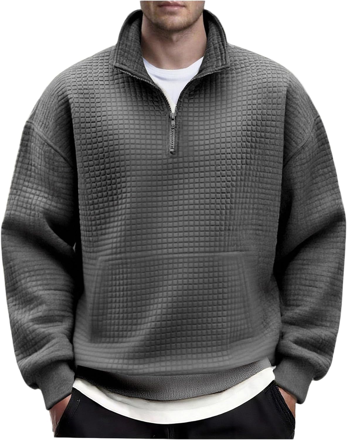 COOFANDY Mens Quarter Zip Pullover Long Sleeve Waffle Quilted Sweatshirt Casual Polo Sweaters with Pocket