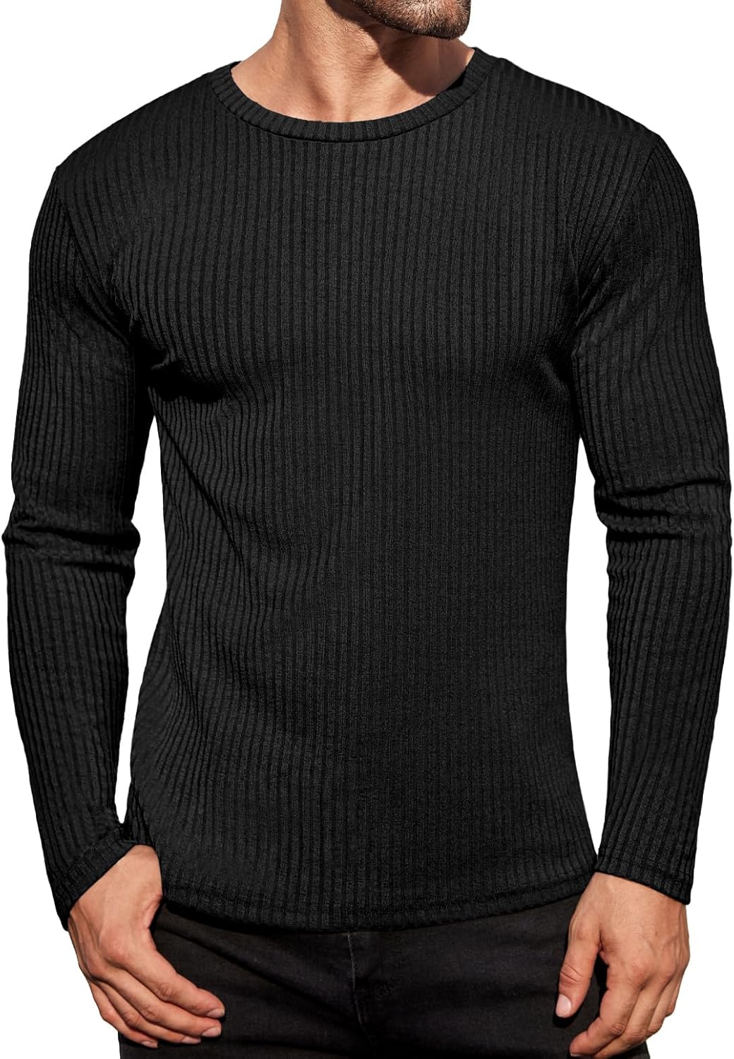 Ekouaer Men's Long Sleeve Shirts Ribbed Pullover Tees Sim Fit Thermal Tops Crew Neck Stretchy Undershirts S-3XL