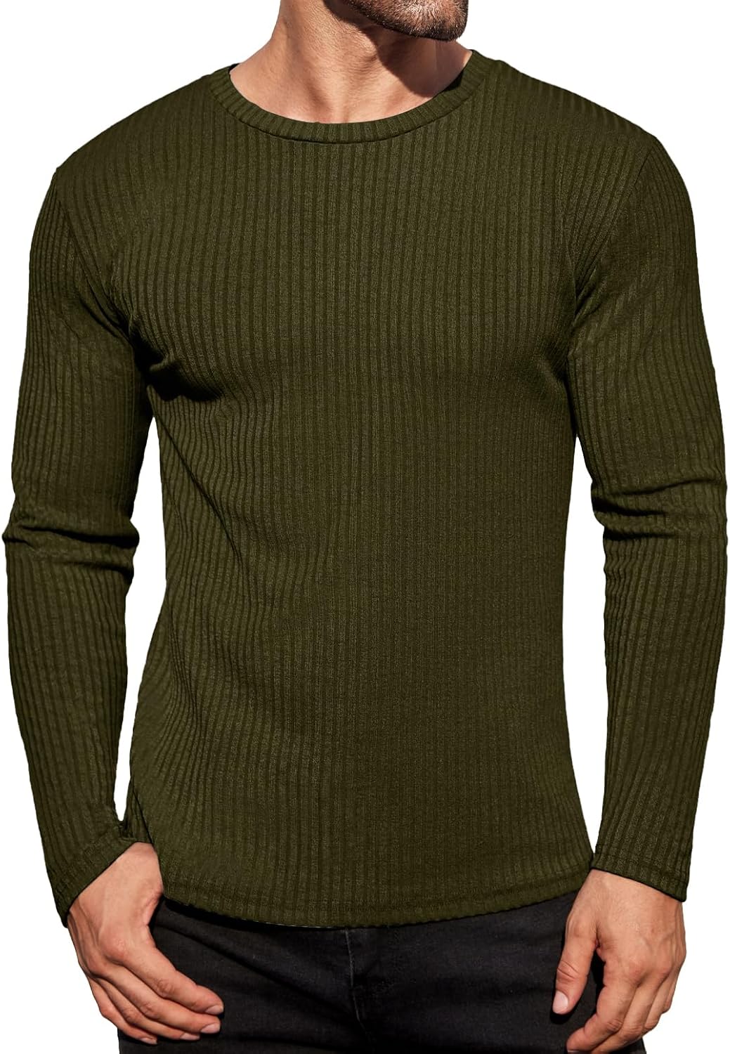 Ekouaer Men's Long Sleeve Shirts Ribbed Pullover Tees Sim Fit Thermal Tops Crew Neck Stretchy Undershirts S-3XL