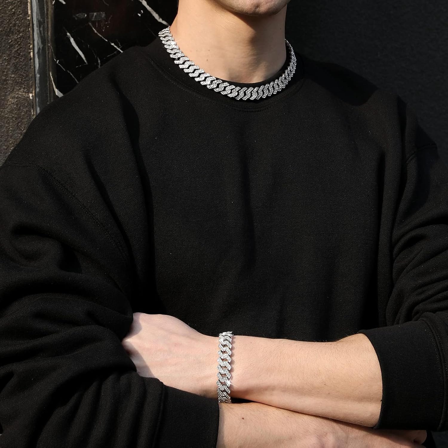 HDMENC Mens and Womens Miami Cuban Link Chain Necklace 12mm Diamond Prong Cuban Chain 18/20/24inch Length Hip Hop Jewely