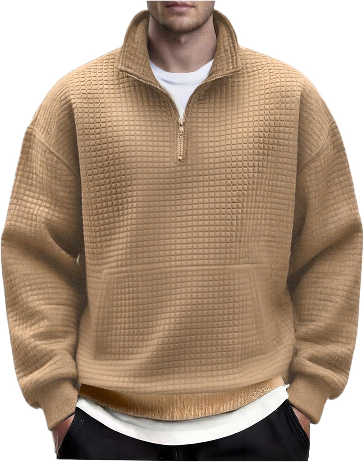 COOFANDY Mens Quarter Zip Pullover Long Sleeve Waffle Quilted Sweatshirt Casual Polo Sweaters with Pocket