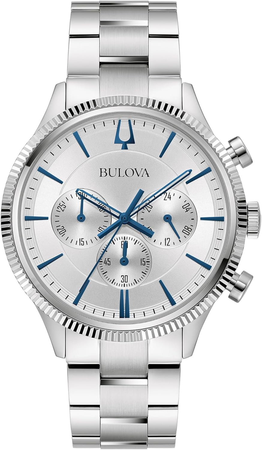 Bulova Men's Classic 6-Hand Chronograph Quartz Silver Stainless Steel Watch, 24 Hour Time, Luminous Hands, 43mm, Style:96A321