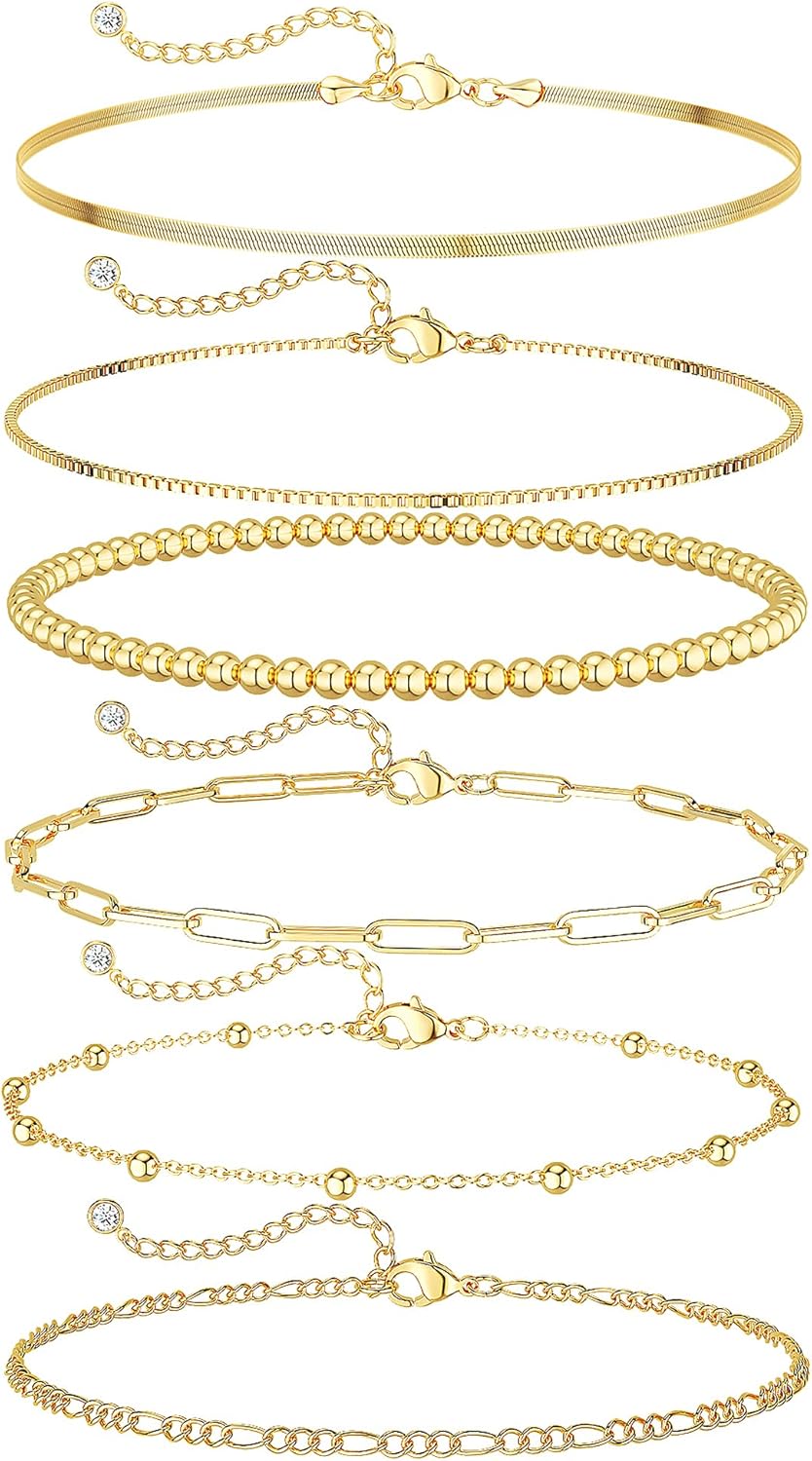 DEARMAY Gold Bracelets for Women Waterproof, 14K Gold Plated Jewelry Sets Trendy Thin Dainty Stackable Cuban Link Paperclip Chain Bracelet Pack Fashion Accessories Gifts for Womens