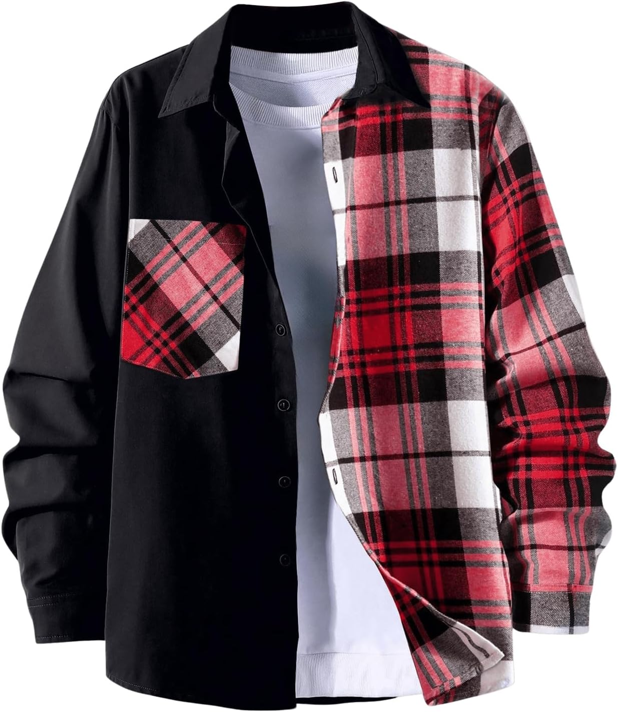 OYOANGLE Men's Colorblock Plaid Print Button Down Long Sleeve Pocket Collared Shirts Top