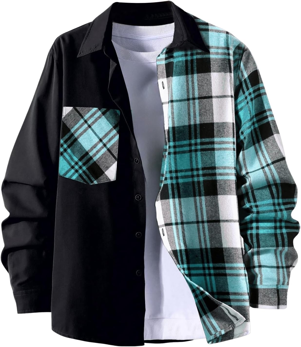 OYOANGLE Men's Colorblock Plaid Print Button Down Long Sleeve Pocket Collared Shirts Top