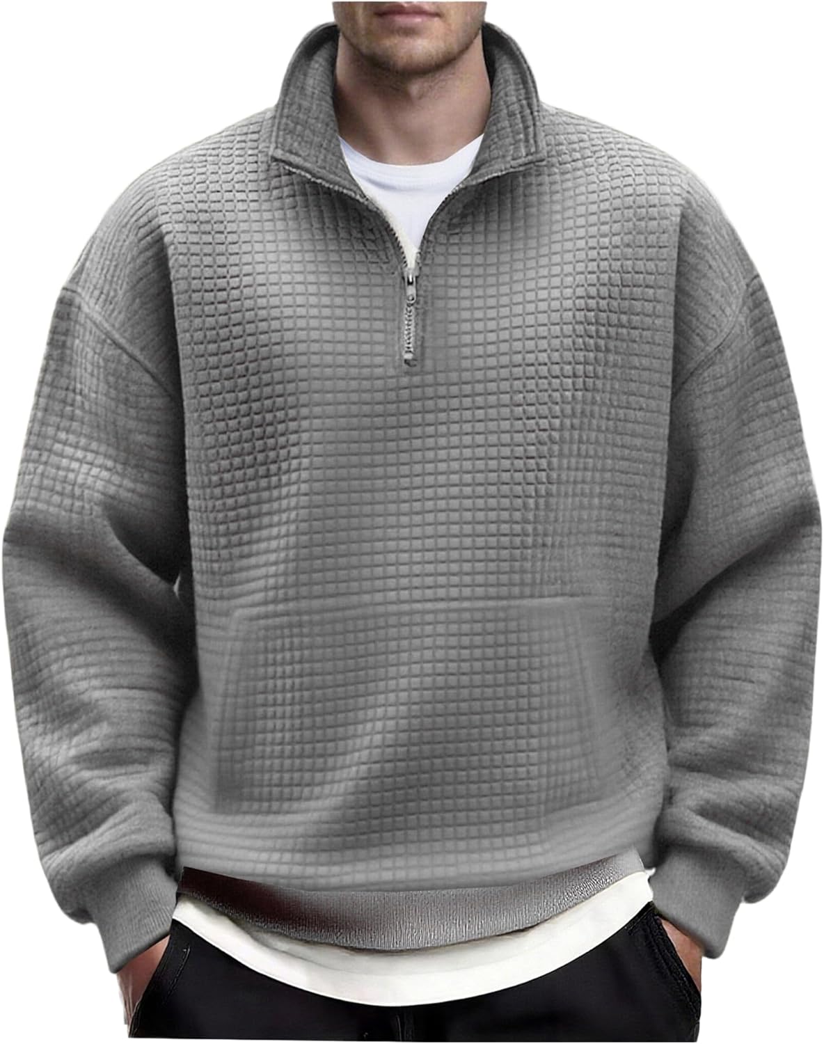 COOFANDY Mens Quarter Zip Pullover Long Sleeve Waffle Quilted Sweatshirt Casual Polo Sweaters with Pocket