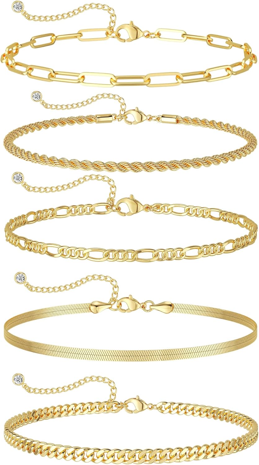 DEARMAY Gold Bracelets for Women Waterproof, 14K Gold Plated Jewelry Sets Trendy Thin Dainty Stackable Cuban Link Paperclip Chain Bracelet Pack Fashion Accessories Gifts for Womens