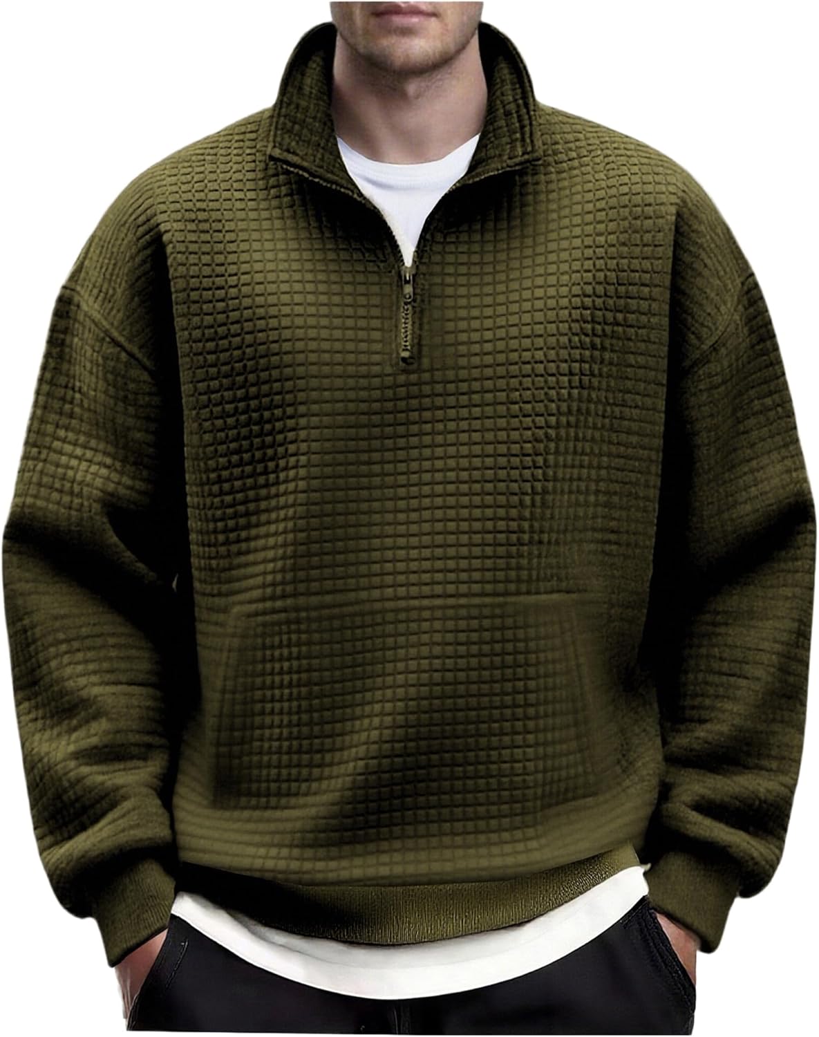 COOFANDY Mens Quarter Zip Pullover Long Sleeve Waffle Quilted Sweatshirt Casual Polo Sweaters with Pocket