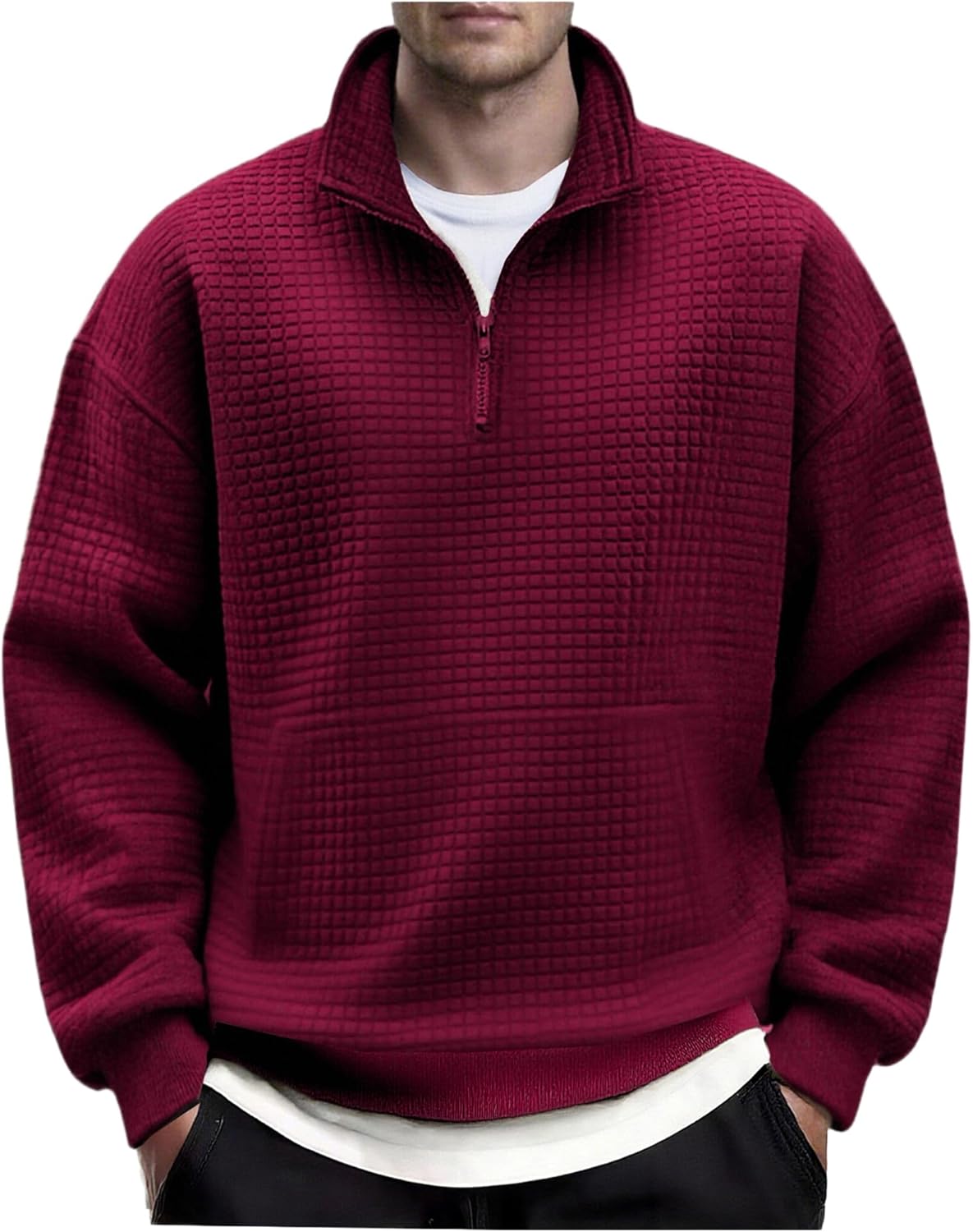 COOFANDY Mens Quarter Zip Pullover Long Sleeve Waffle Quilted Sweatshirt Casual Polo Sweaters with Pocket