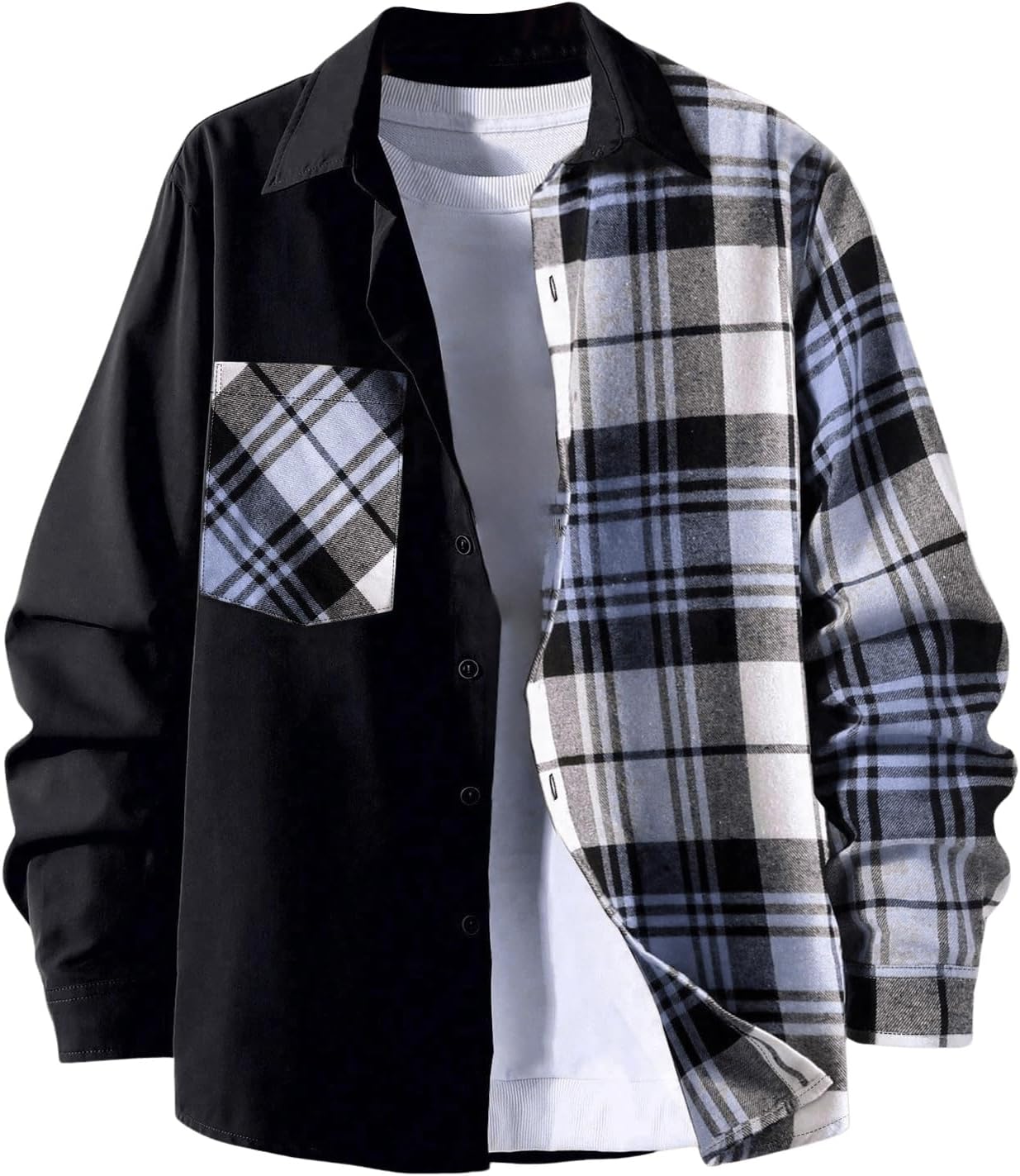 OYOANGLE Men's Colorblock Plaid Print Button Down Long Sleeve Pocket Collared Shirts Top