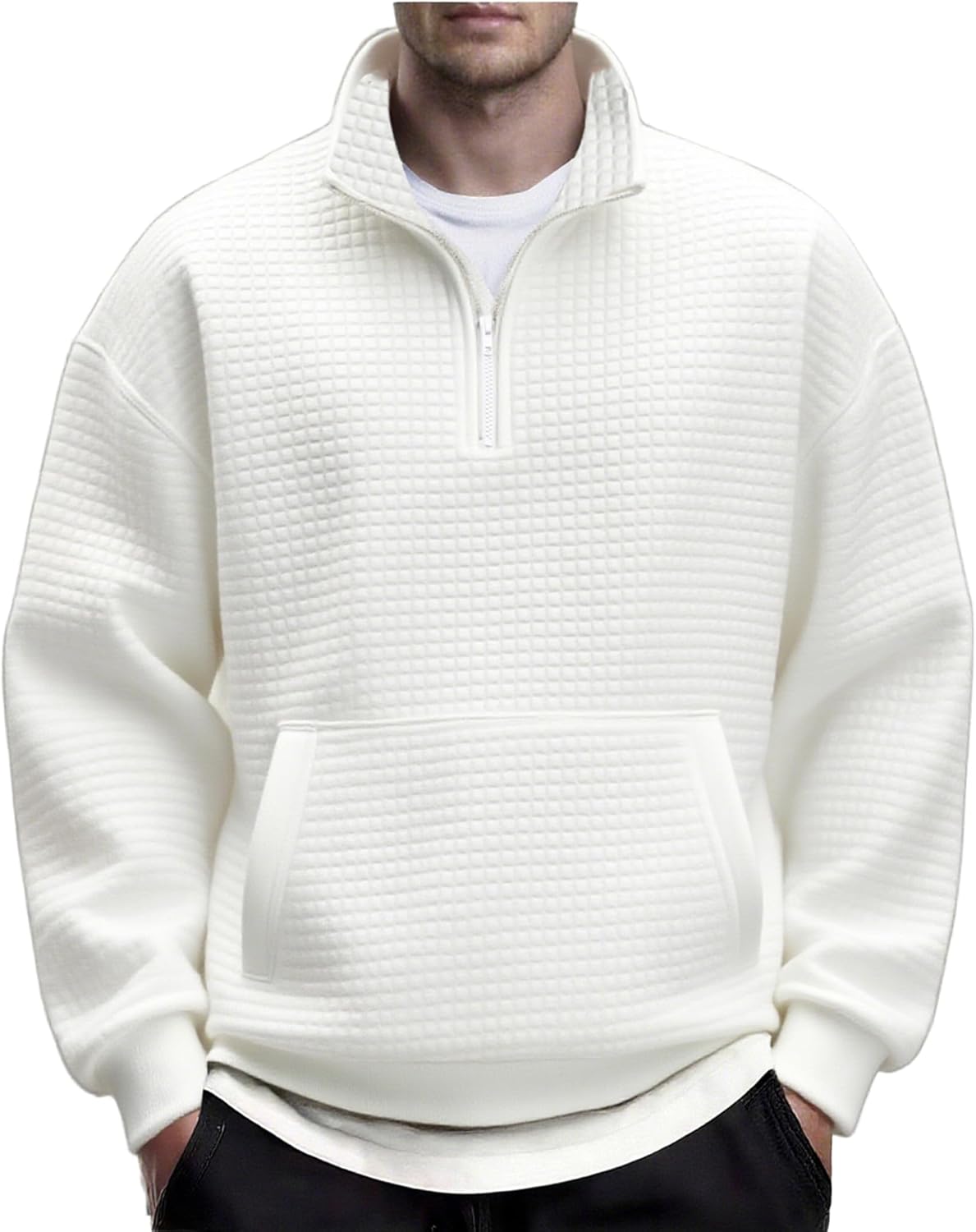 COOFANDY Mens Quarter Zip Pullover Long Sleeve Waffle Quilted Sweatshirt Casual Polo Sweaters with Pocket