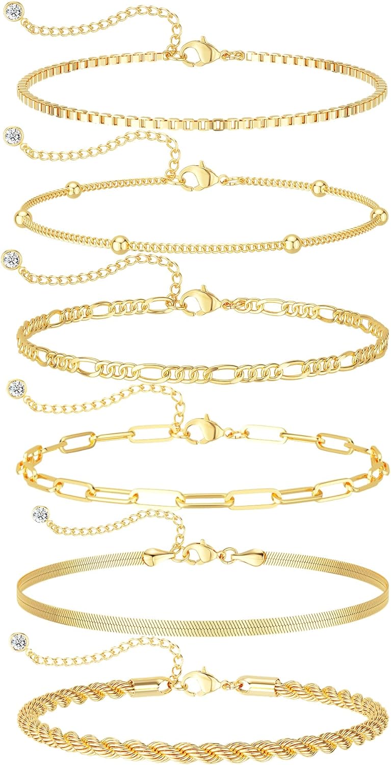 DEARMAY Gold Bracelets for Women Waterproof, 14K Gold Plated Jewelry Sets Trendy Thin Dainty Stackable Cuban Link Paperclip Chain Bracelet Pack Fashion Accessories Gifts for Womens