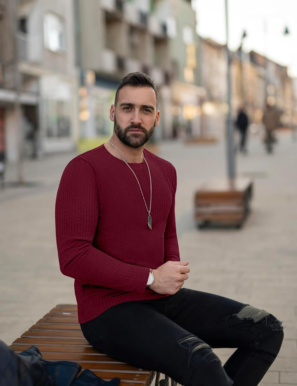 Ekouaer Men's Long Sleeve Shirts Ribbed Pullover Tees Sim Fit Thermal Tops Crew Neck Stretchy Undershirts S-3XL