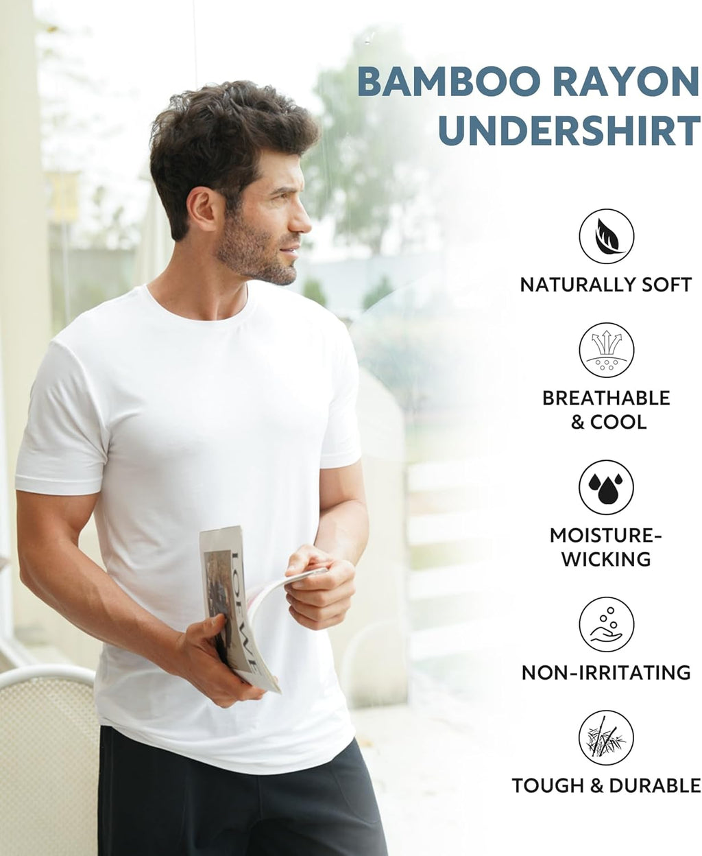 LTF Men's Undershirt Bamboo Rayon Moisture-Wicking Crewneck T-Shirts Stretch Tees for Men, 3 or 5 Pack
