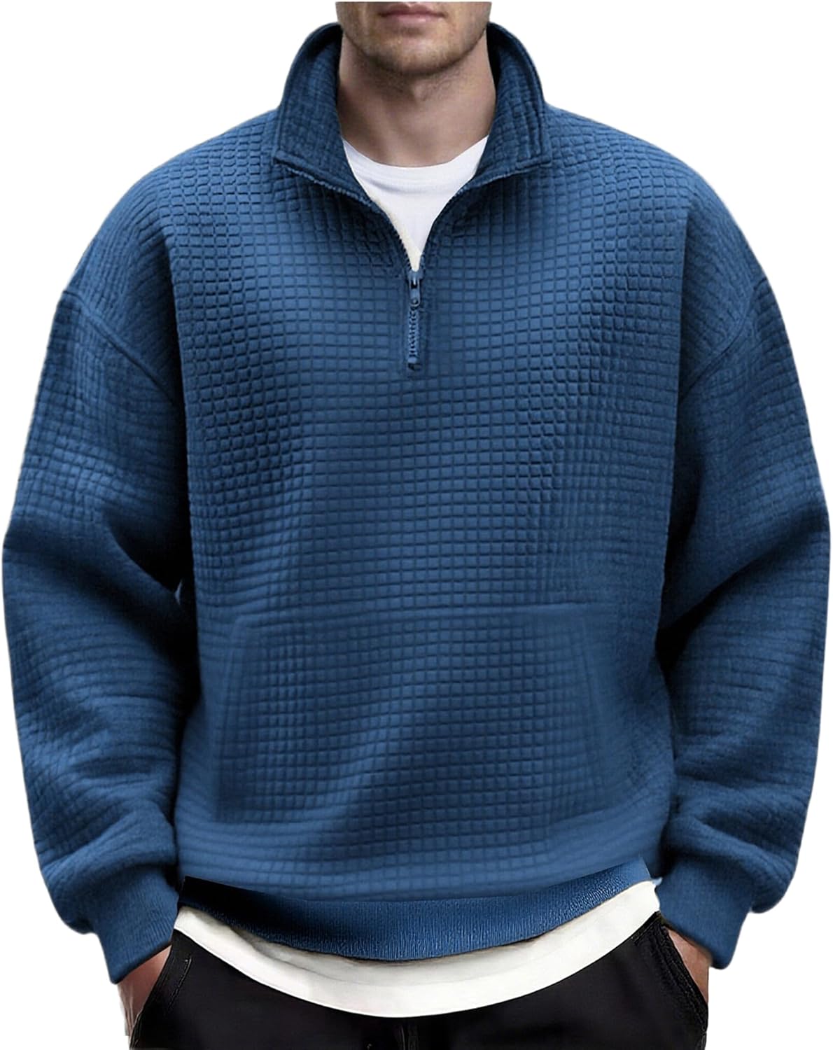COOFANDY Mens Quarter Zip Pullover Long Sleeve Waffle Quilted Sweatshirt Casual Polo Sweaters with Pocket