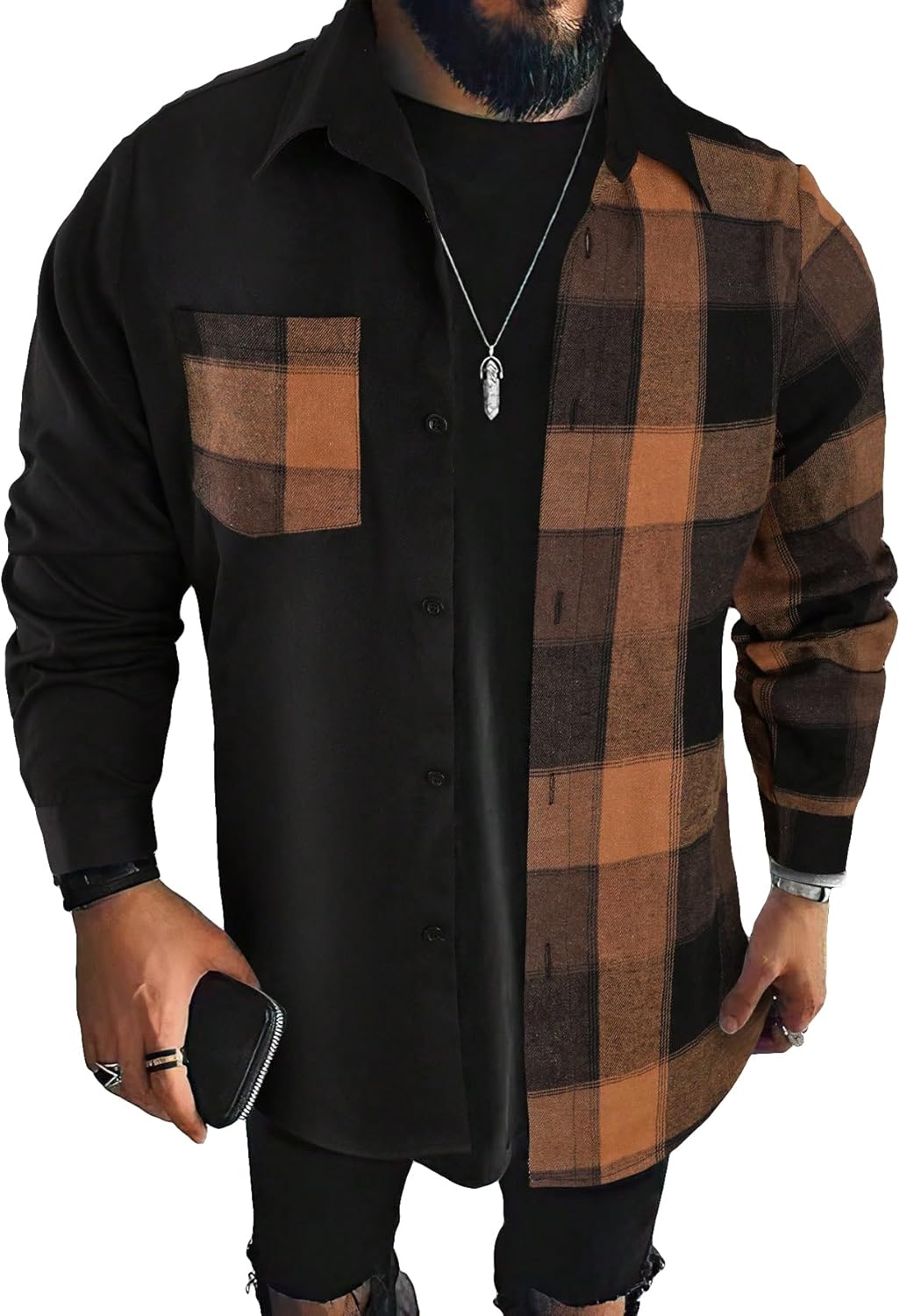 OYOANGLE Men's Colorblock Plaid Print Button Down Long Sleeve Pocket Collared Shirts Top