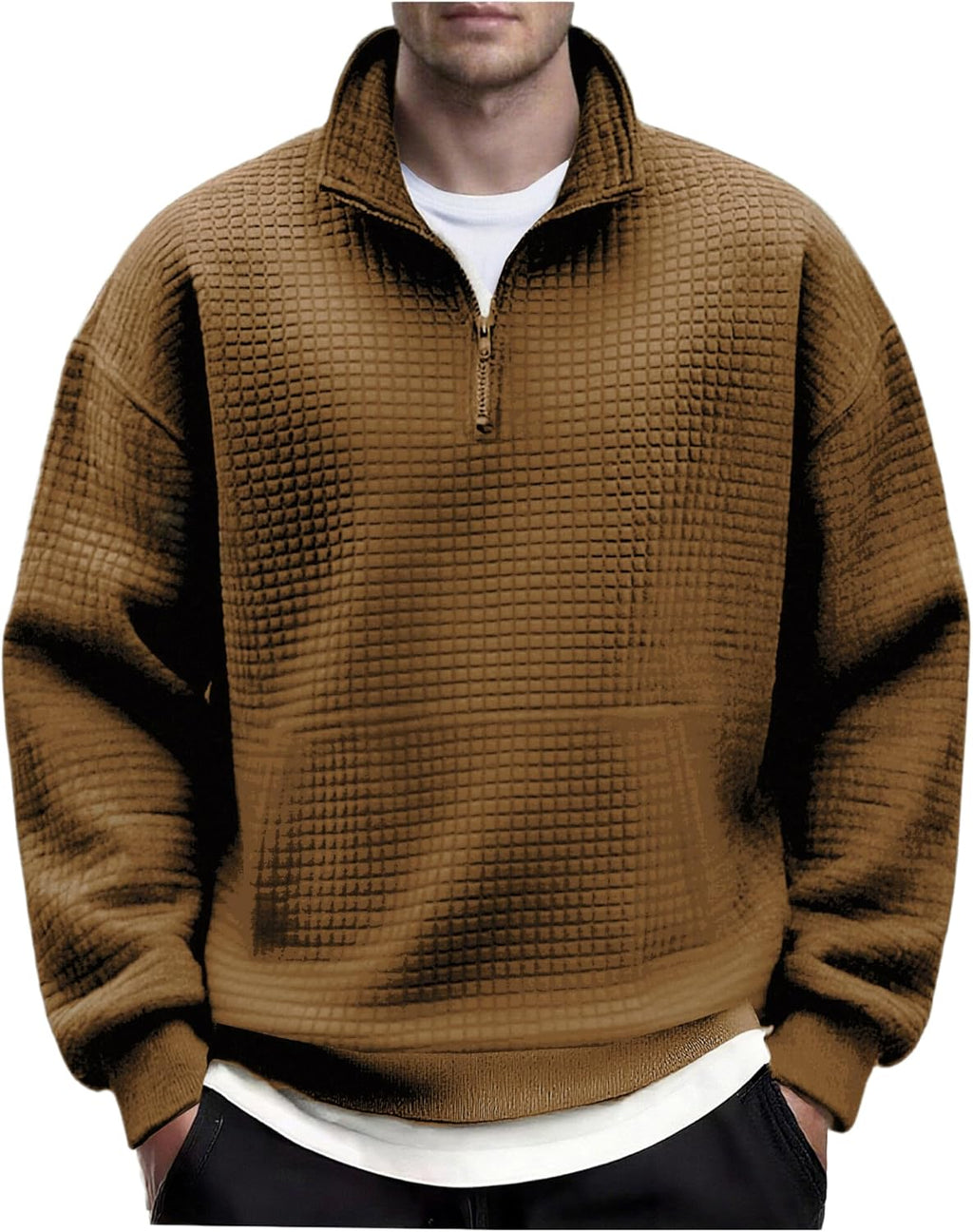 COOFANDY Mens Quarter Zip Pullover Long Sleeve Waffle Quilted Sweatshirt Casual Polo Sweaters with Pocket