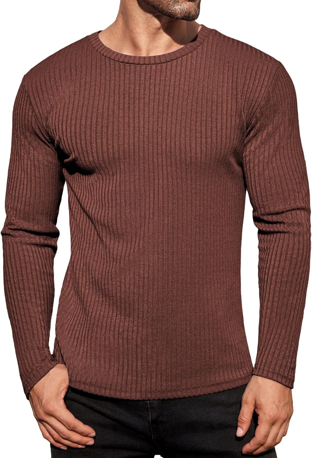 Ekouaer Men's Long Sleeve Shirts Ribbed Pullover Tees Sim Fit Thermal Tops Crew Neck Stretchy Undershirts S-3XL