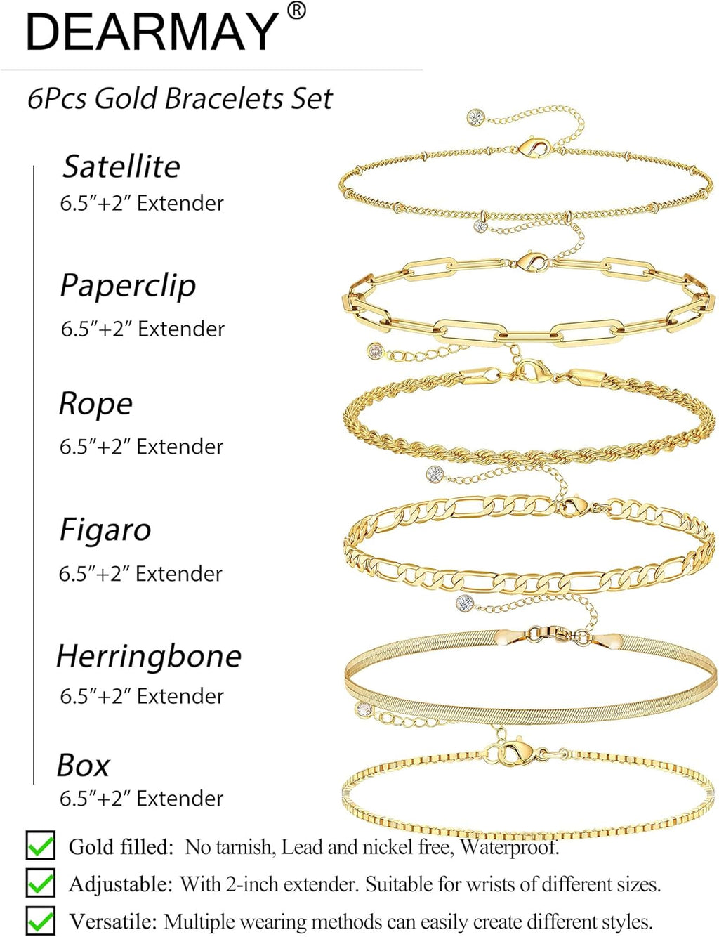DEARMAY Gold Bracelets for Women Waterproof, 14K Gold Plated Jewelry Sets Trendy Thin Dainty Stackable Cuban Link Paperclip Chain Bracelet Pack Fashion Accessories Gifts for Womens
