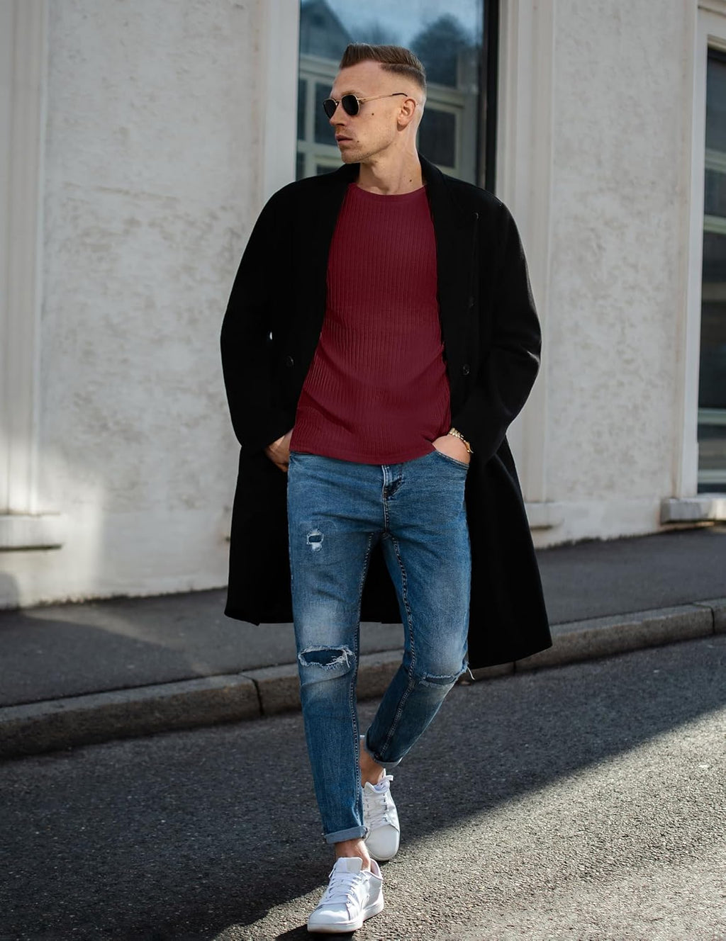 Ekouaer Men's Long Sleeve Shirts Ribbed Pullover Tees Sim Fit Thermal Tops Crew Neck Stretchy Undershirts S-3XL