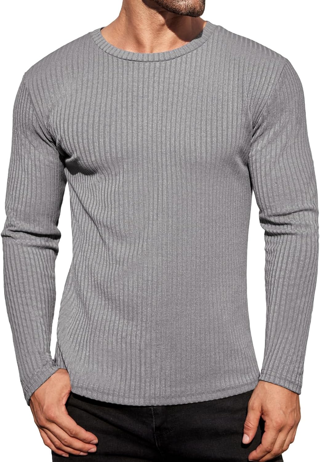 Ekouaer Men's Long Sleeve Shirts Ribbed Pullover Tees Sim Fit Thermal Tops Crew Neck Stretchy Undershirts S-3XL
