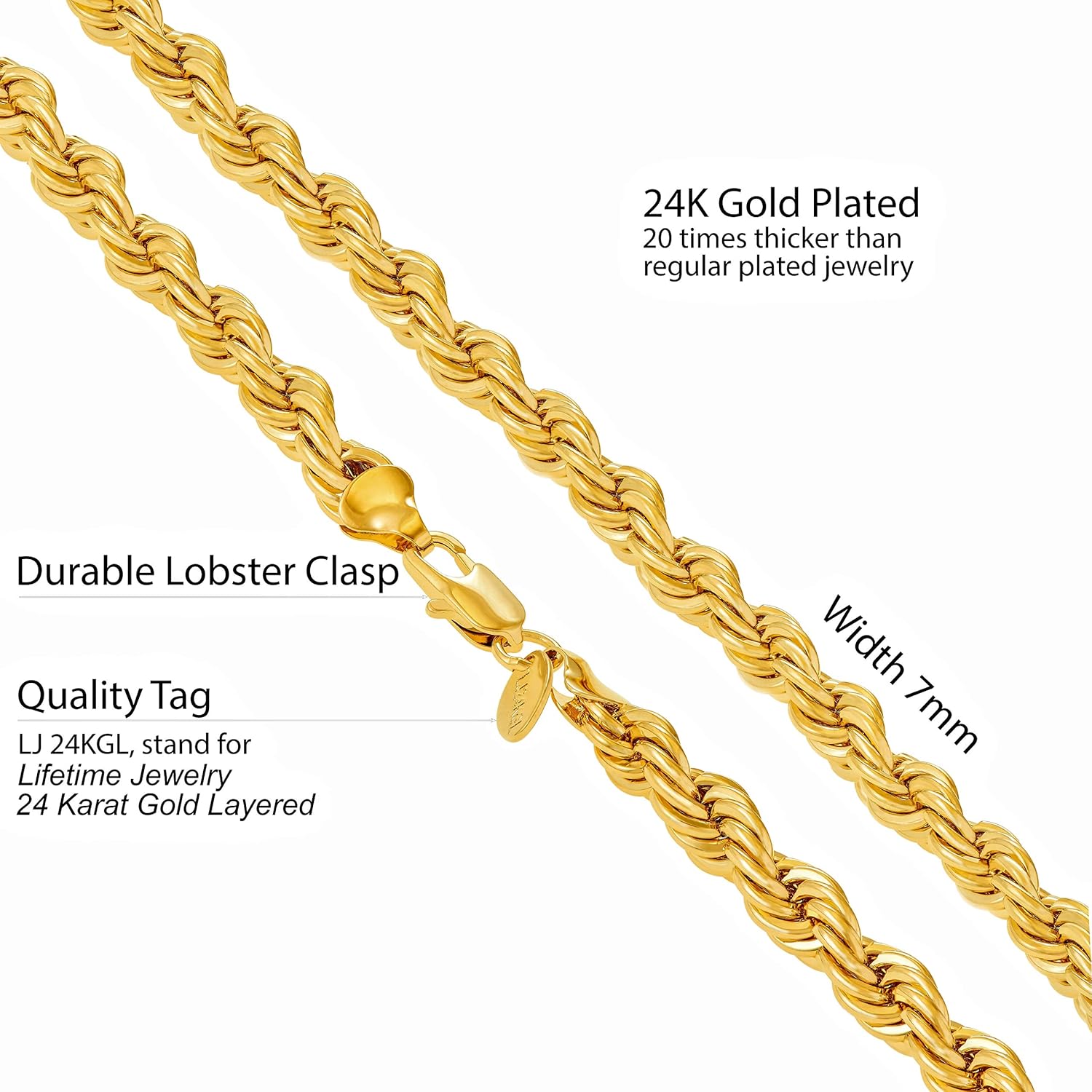 LIFETIME JEWELRY 7mm Rope Chain Necklace 24k Real Gold Plated for Men and Women