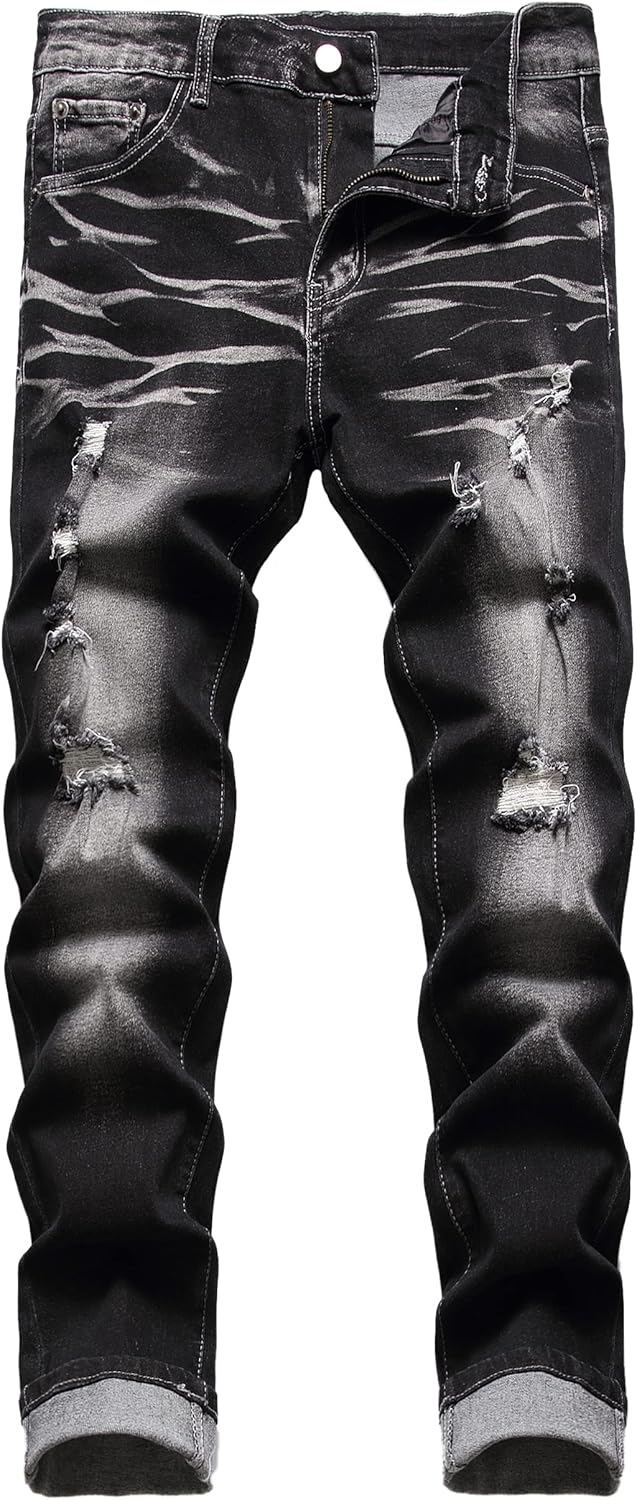 JUNBAOSS Men's Slim Fit Stretch Jeans Ripped Skinny Jeans for Men, Distressed Straight Leg Fashion Comfort Flex Waist Pants