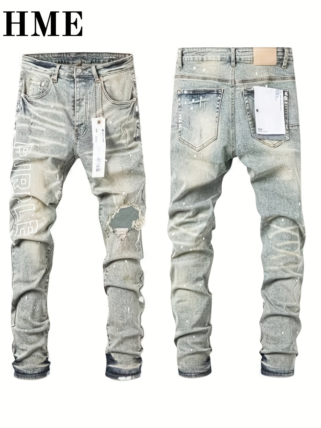 HME Men's Distressed Skinny Jeans - Light Wash Stretch Denim